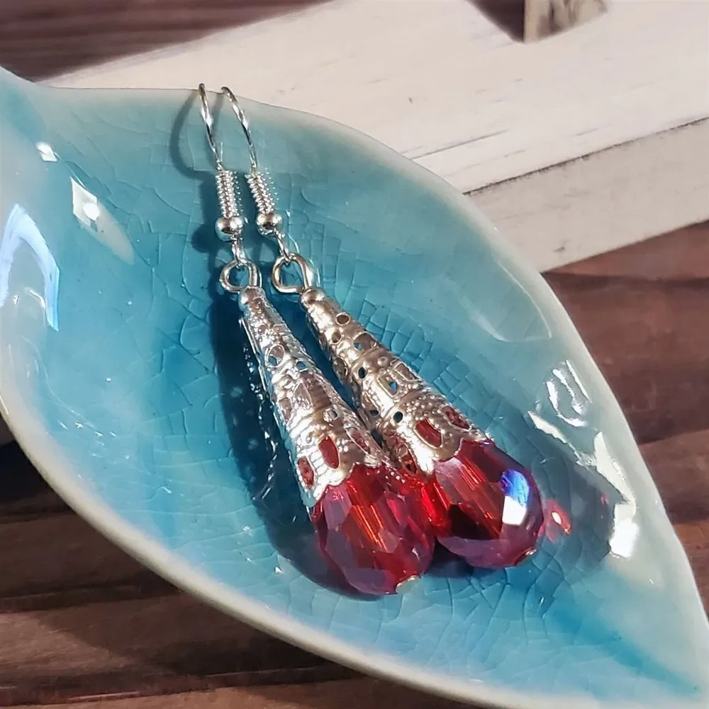 Hand Crafted Caged Filigree Faceted Red Crystal Silver Teardrop Earrings